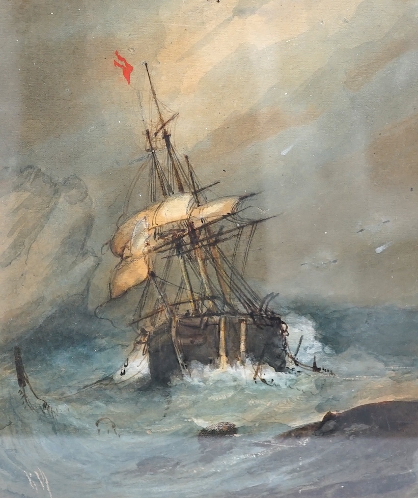 Richmond W. Markes (fl. 1890-1920), watercolour, Seascape with rigged ship, 21 x 18cm. Condition - fair, discolouration and minor creasing to the corners